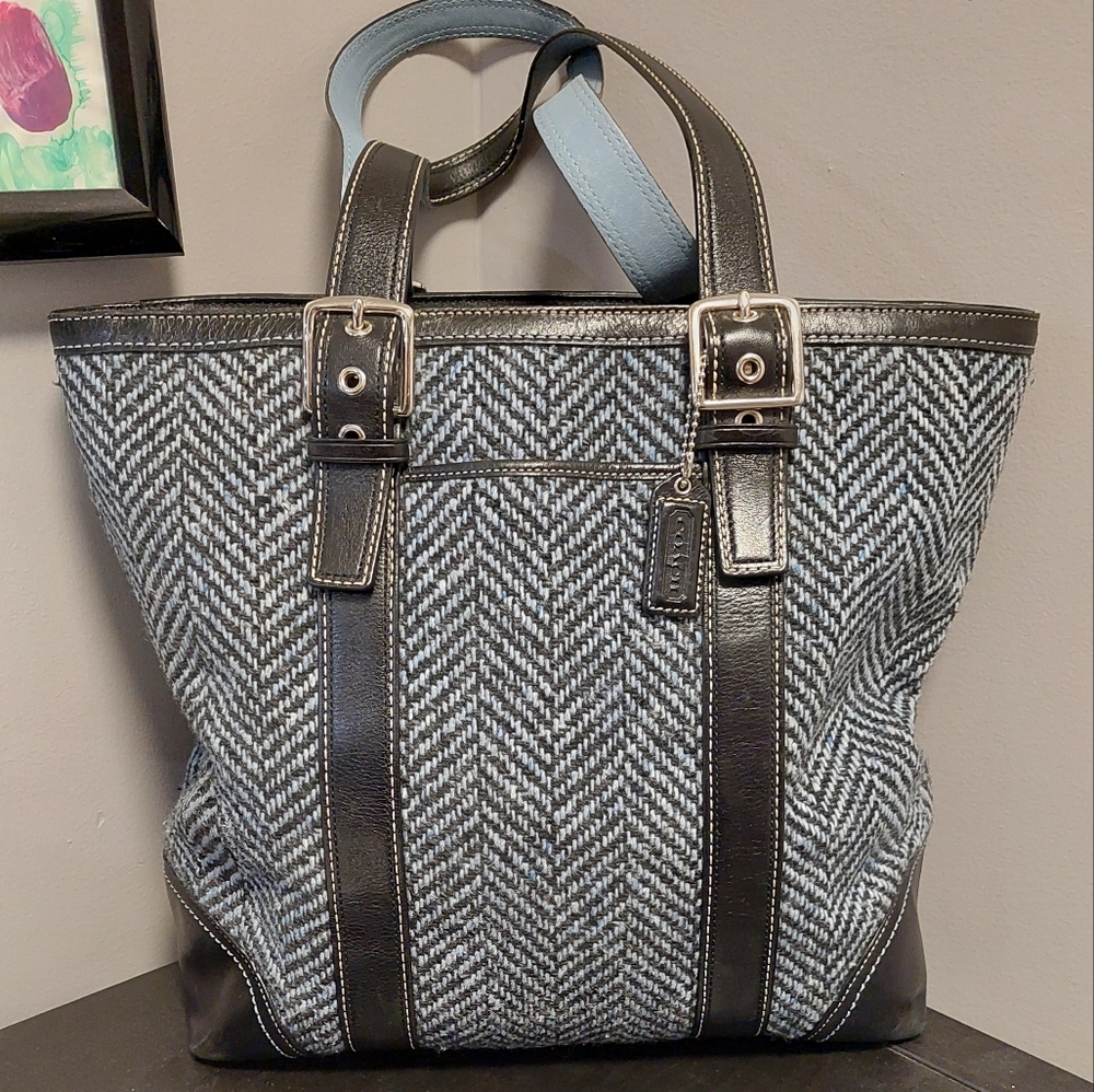 COACH Hampton Wool Tweed Herringbone Tote Shoulder Bag